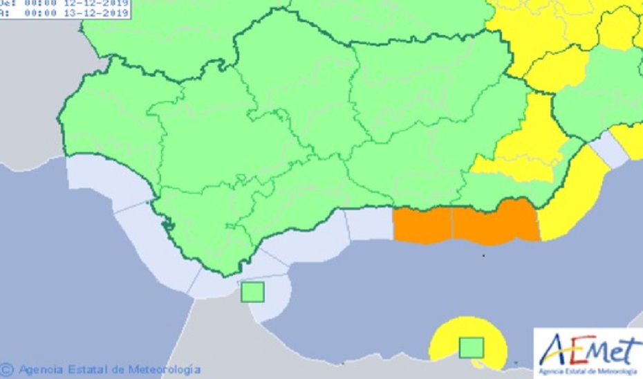 Mapa de la Aemet con las zonas afectadas por avisos naranjas por fenómenos costeros en Granada y Almería. 